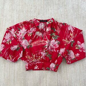 Everything Est Ok Red Floral Crop Blouse Top
